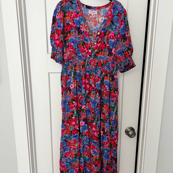 Piper & Scoot/Polagram Red and Blue Floral Midi Dress - Picture 1 of 3